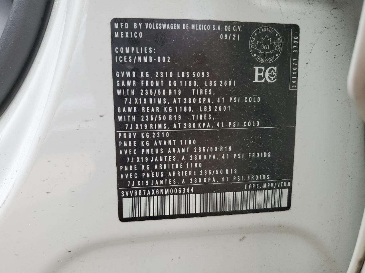 2022 Volkswagen Tiguan Se R-Line Black VIN: 3VV8B7AX6NM006344 Lot: 70270925