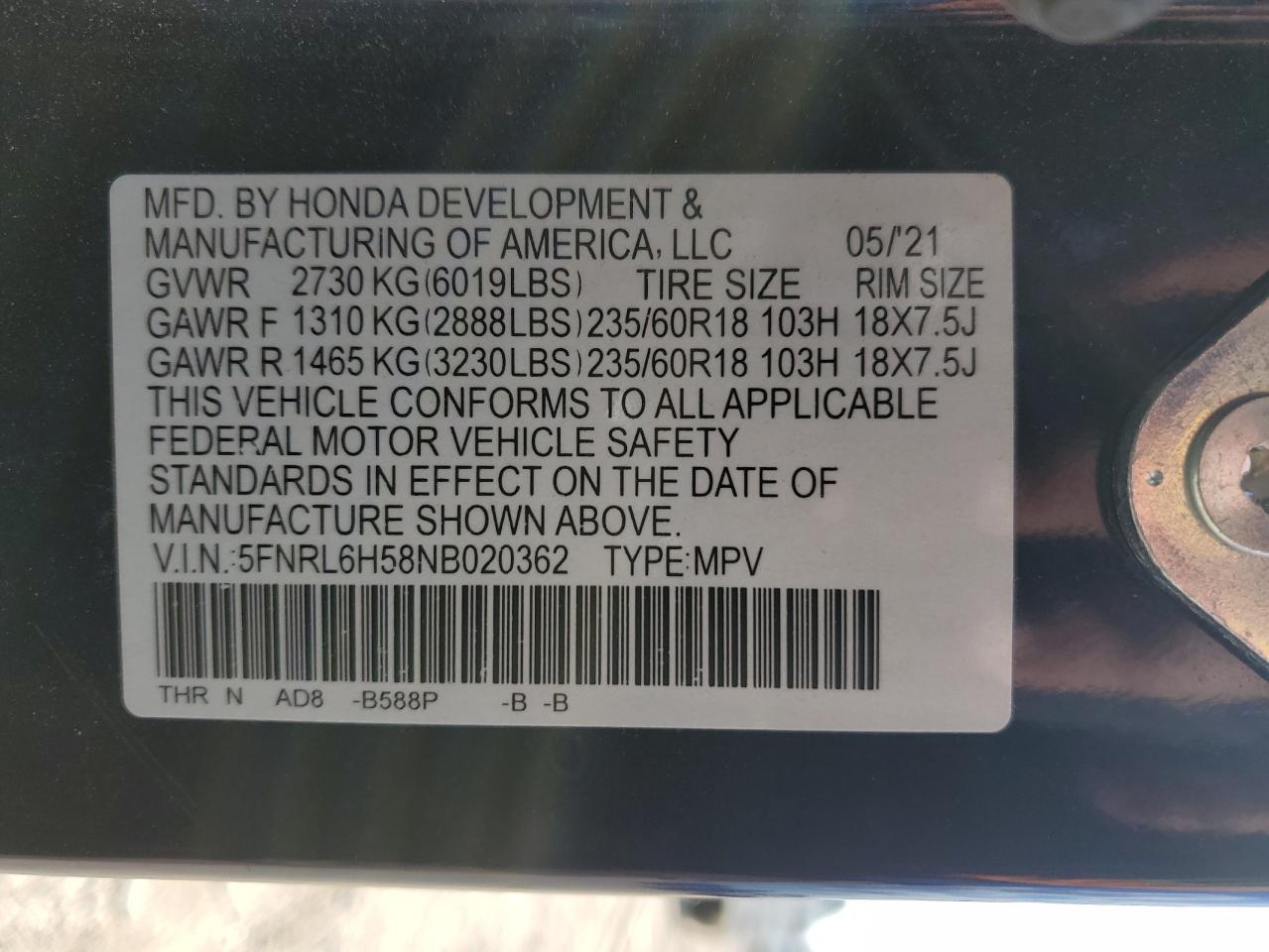 2022 Honda Odyssey Ex VIN: 5FNRL6H58NB020362 Lot: 71043455