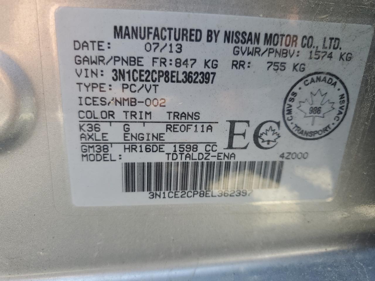 2014 Nissan Versa Note S VIN: 3N1CE2CP8EL362397 Lot: 71234035