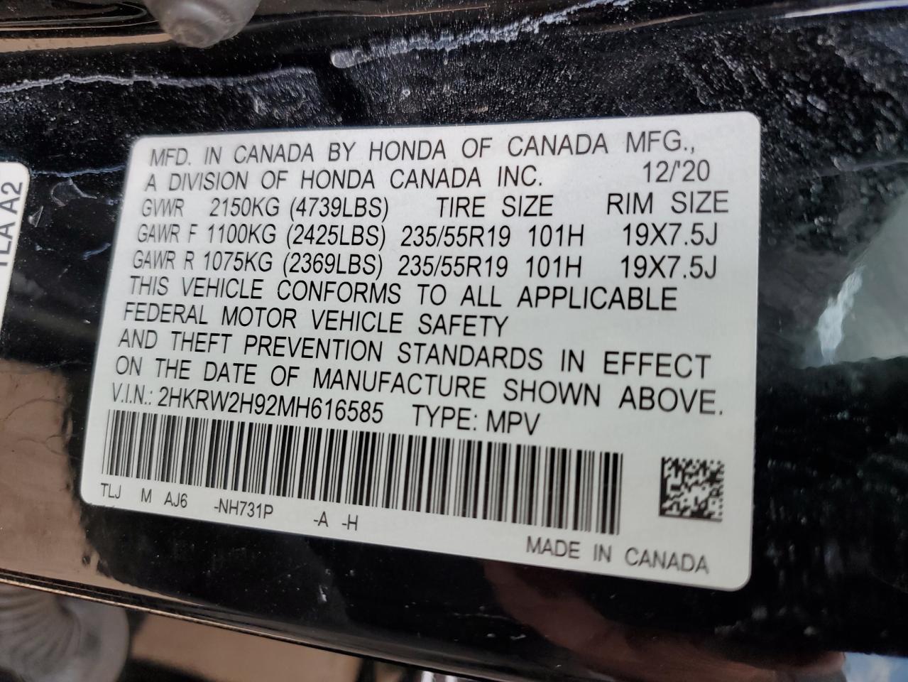 2021 Honda Cr-V Touring VIN: 2HKRW2H92MH616585 Lot: 81141315