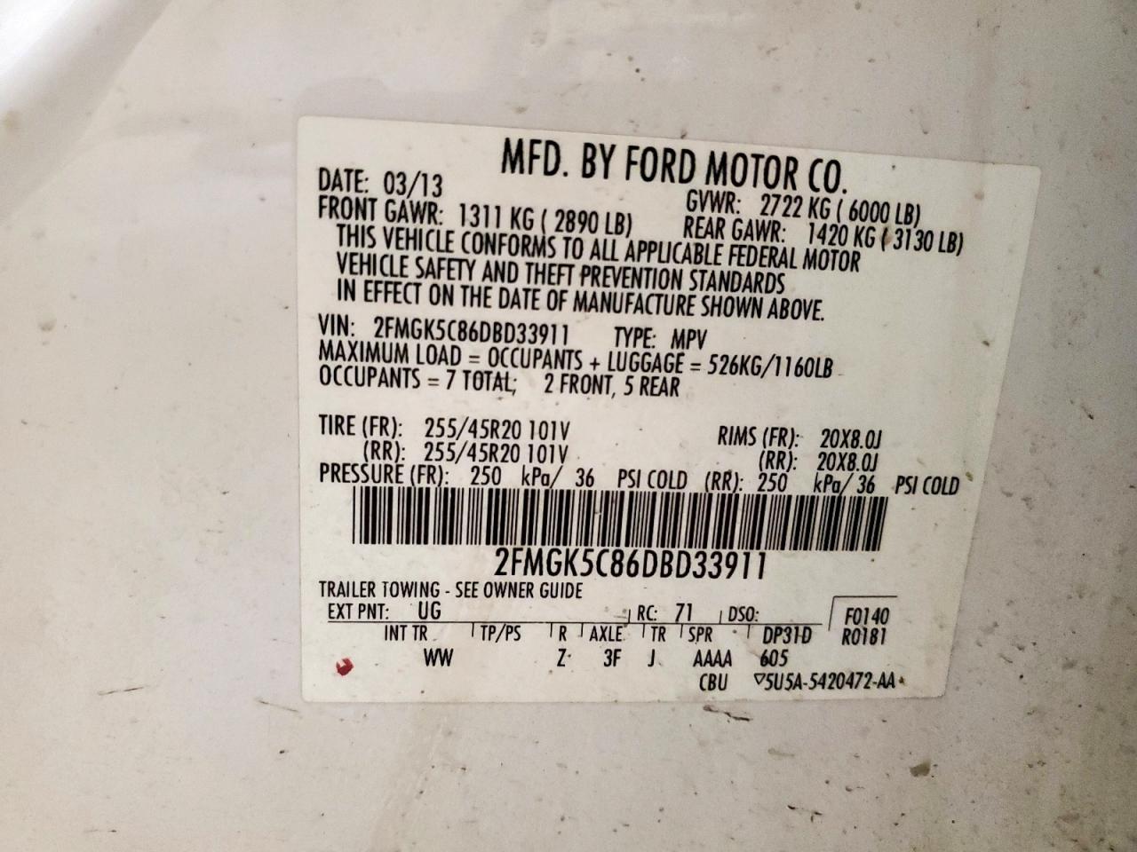 2013 Ford Flex Sel VIN: 2FMGK5C86DBD33911 Lot: 70555095