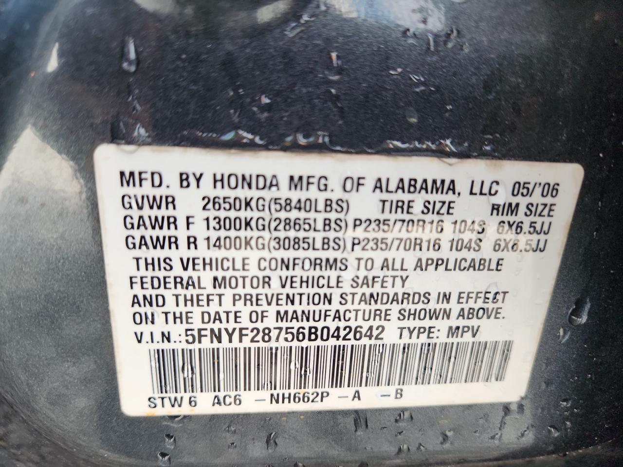 2006 Honda Pilot Ex VIN: 5FNYF28756B042642 Lot: 83956365