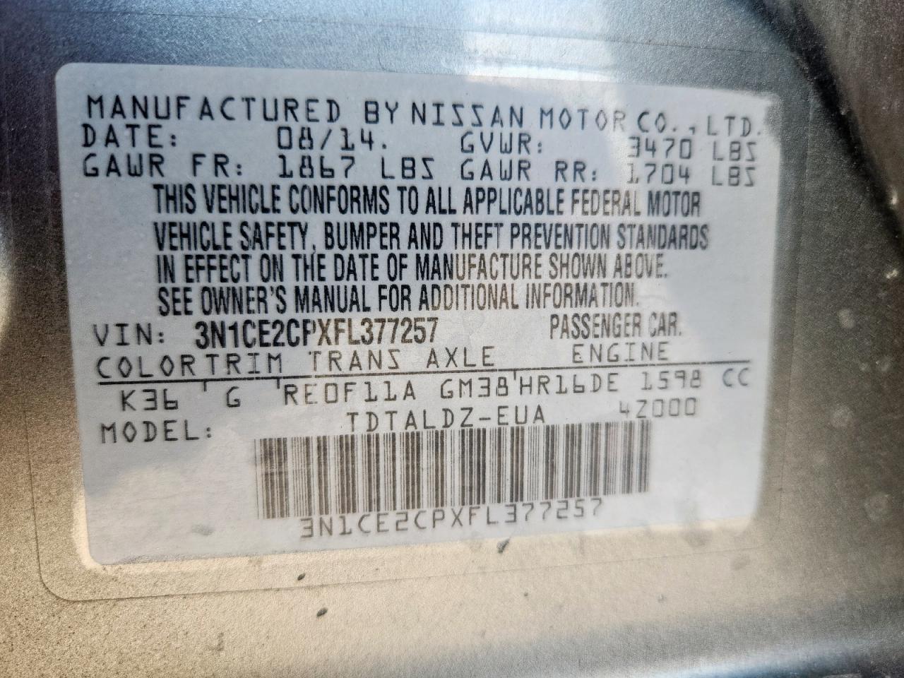 2015 Nissan Versa Note S VIN: 3N1CE2CPXFL377257 Lot: 81545395