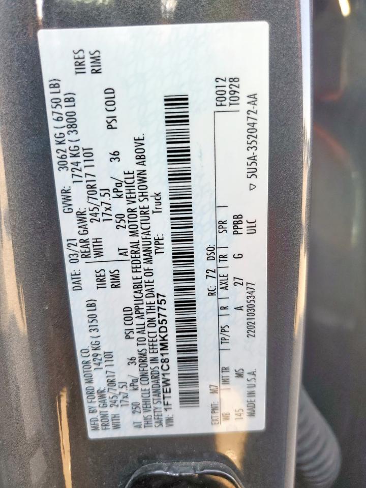 2021 Ford F150 Supercrew VIN: 1FTEW1C81MKD57757 Lot: 84465545