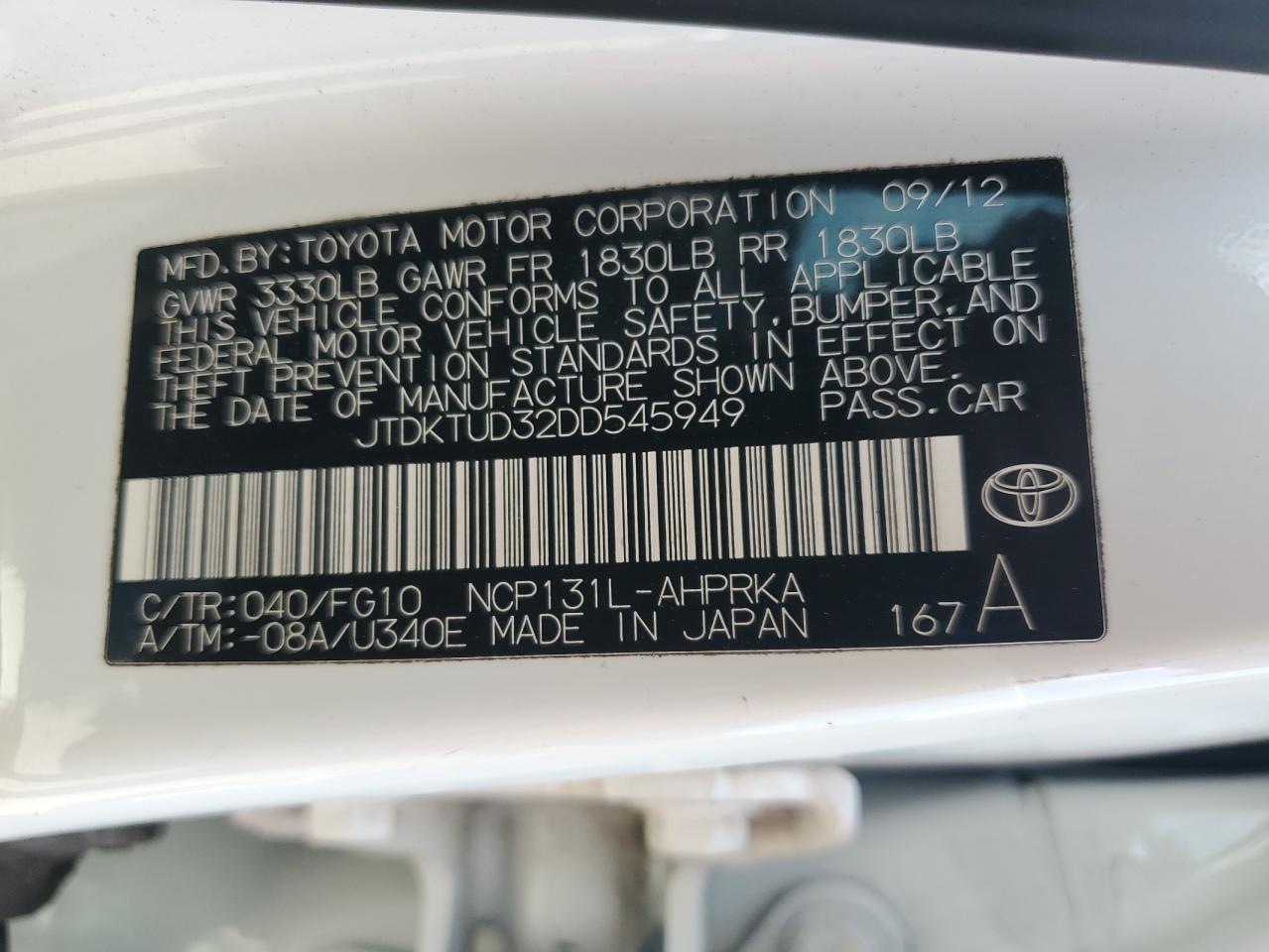 2013 Toyota Yaris VIN: JTDKTUD32DD545949 Lot: 82089725