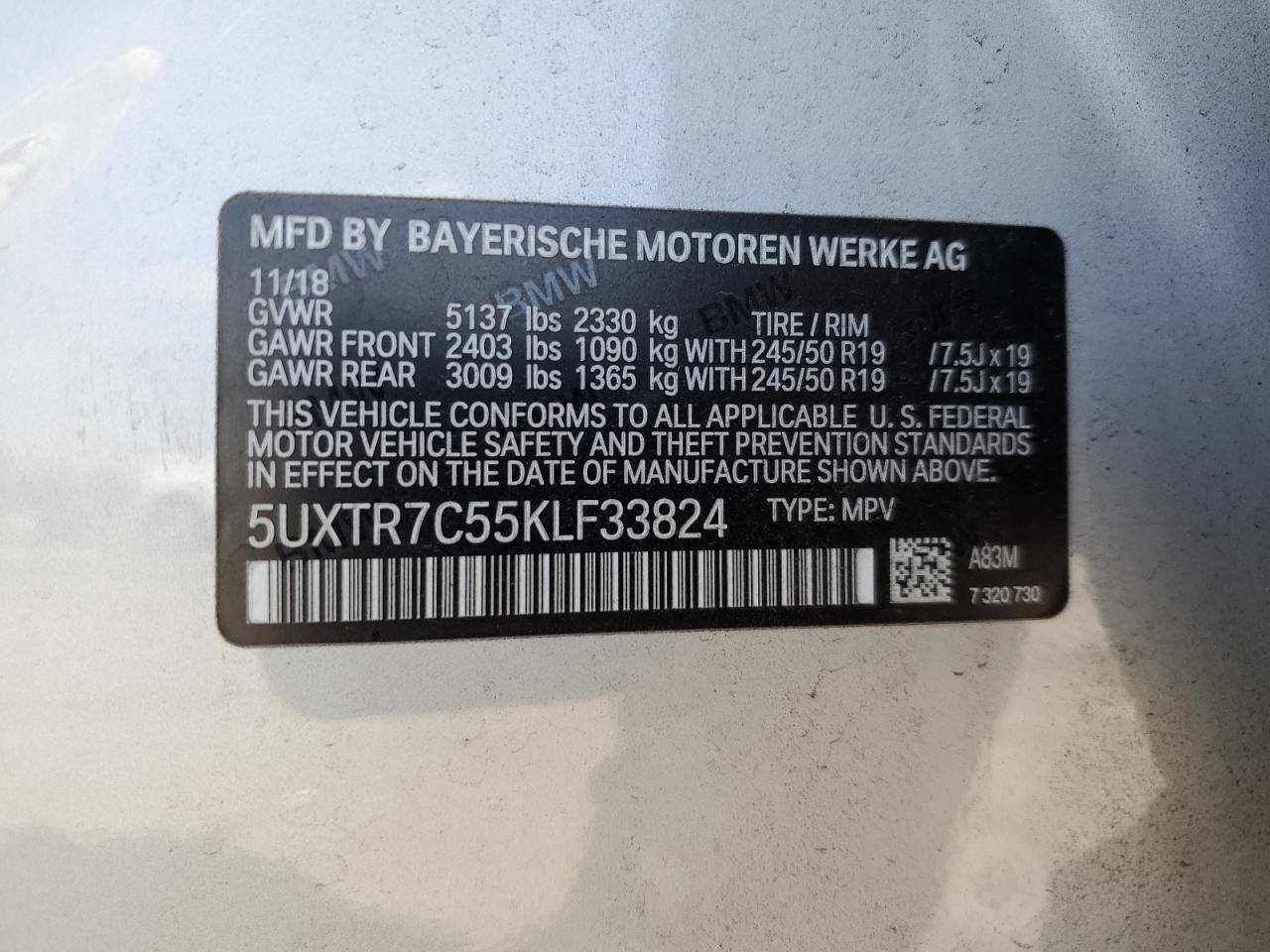 2019 BMW X3 Sdrive30I VIN: 5UXTR7C55KLF33824 Lot: 81593415