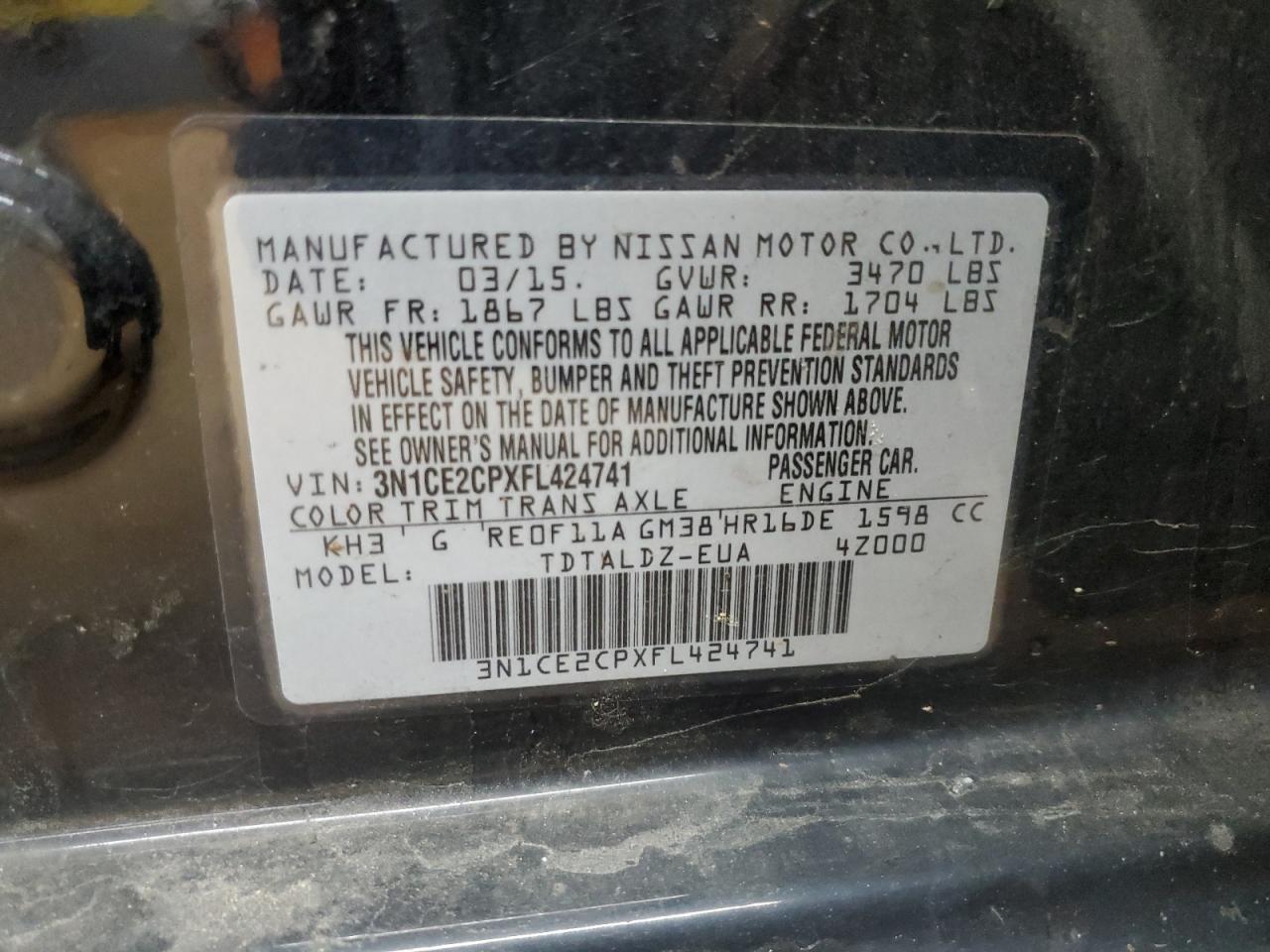 2015 Nissan Versa Note S VIN: 3N1CE2CPXFL424741 Lot: 70650315