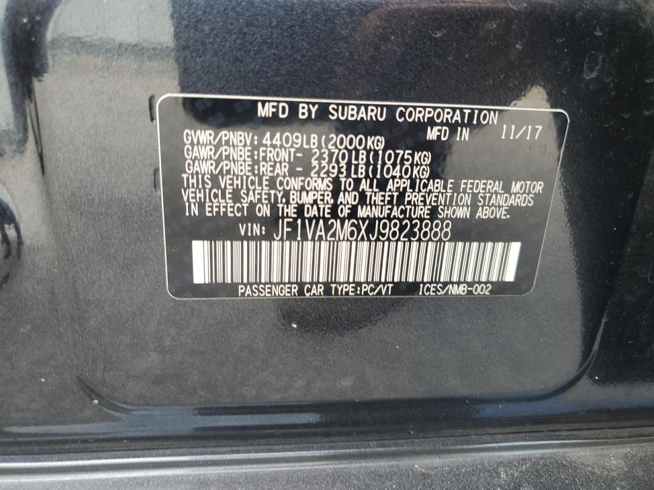 2018 Subaru Wrx Sti VIN: JF1VA2M6XJ9823888 Lot: 80836825