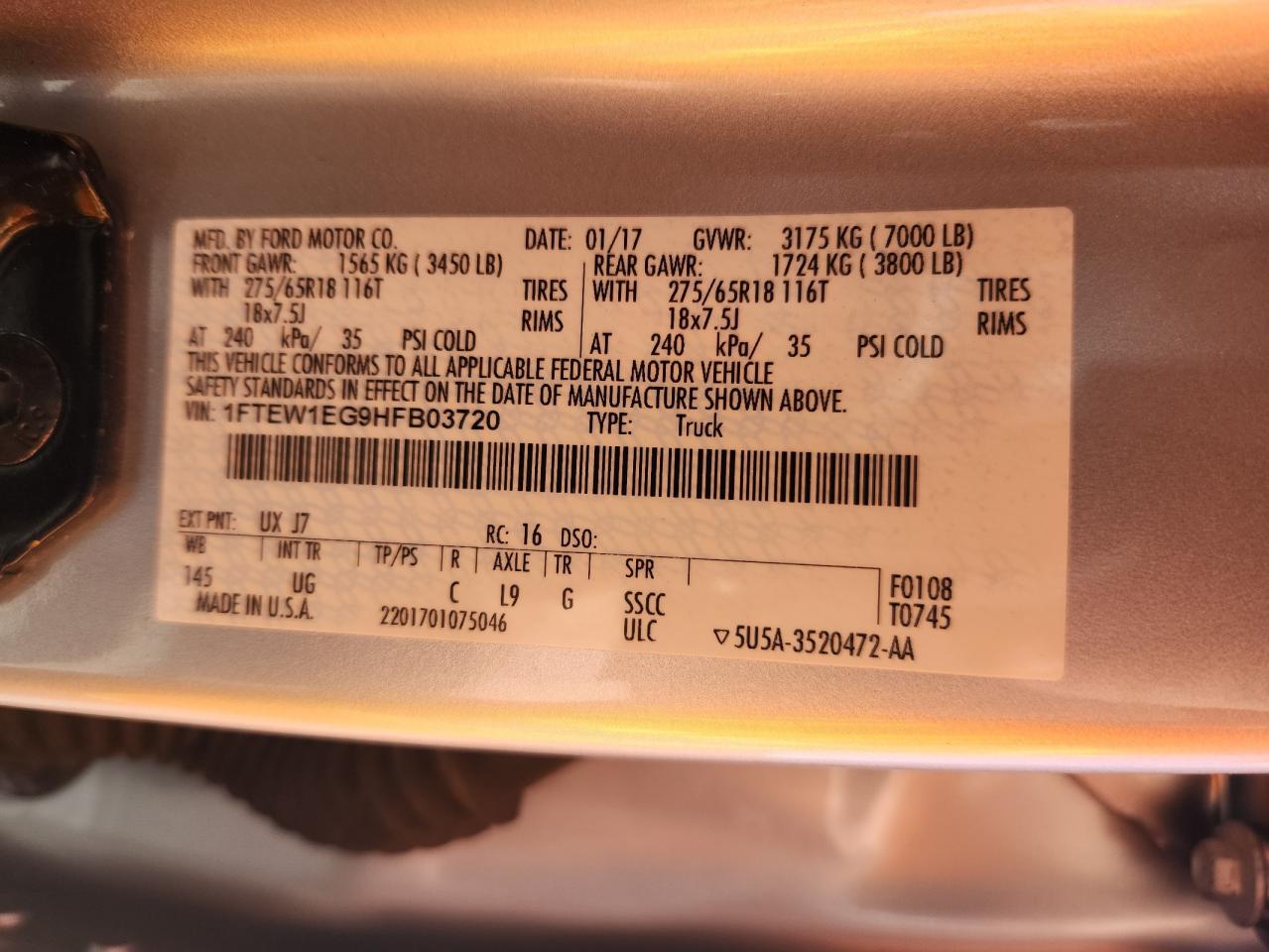 2017 Ford F150 Supercrew VIN: 1FTEW1EG9HFB03720 Lot: 70107405