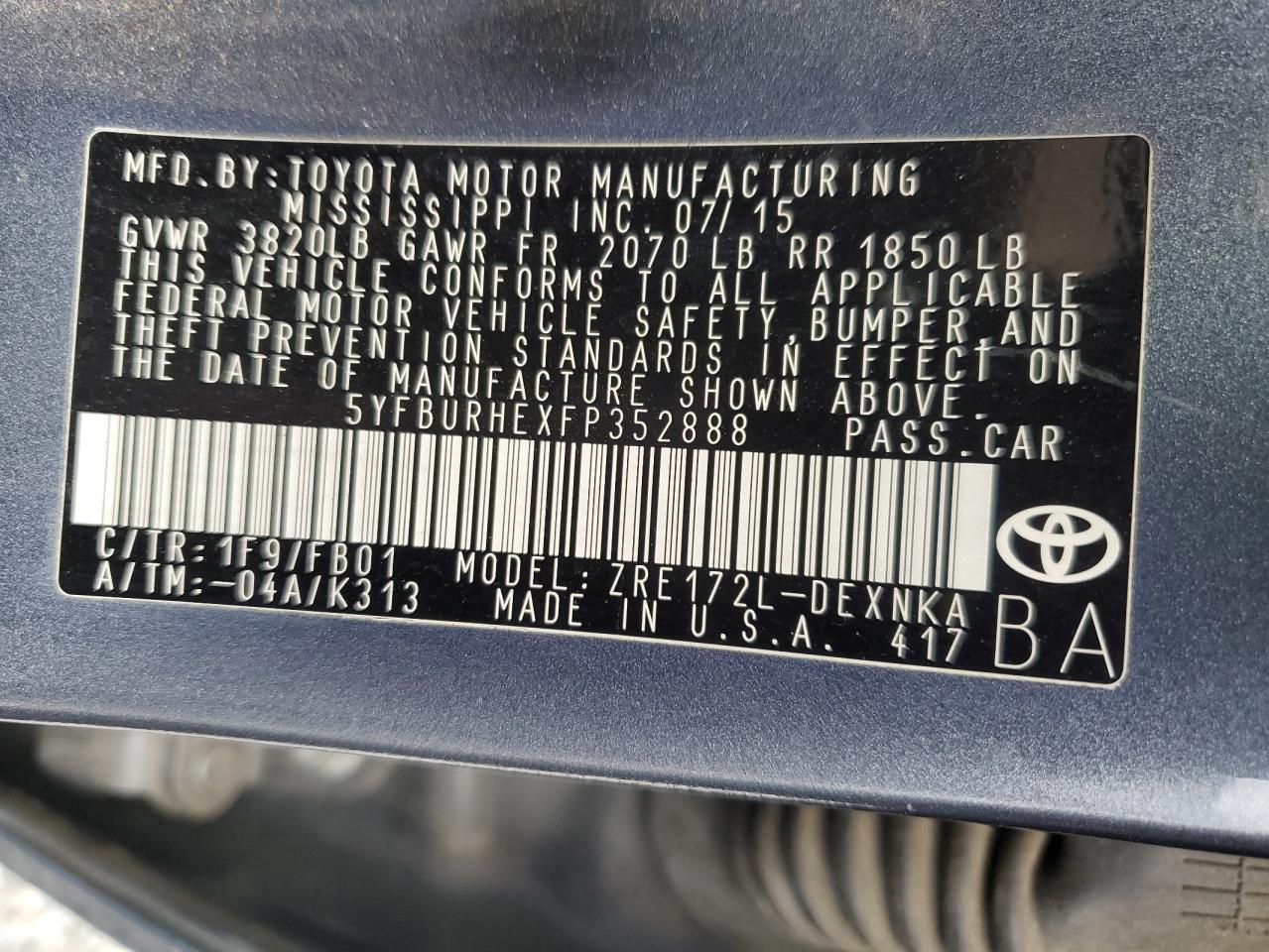 2015 Toyota Corolla L VIN: 5YFBURHEXFP352888 Lot: 84456135