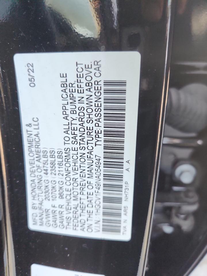 2022 Honda Accord Sport Se VIN: 1HGCV1F49NA054947 Lot: 80687305