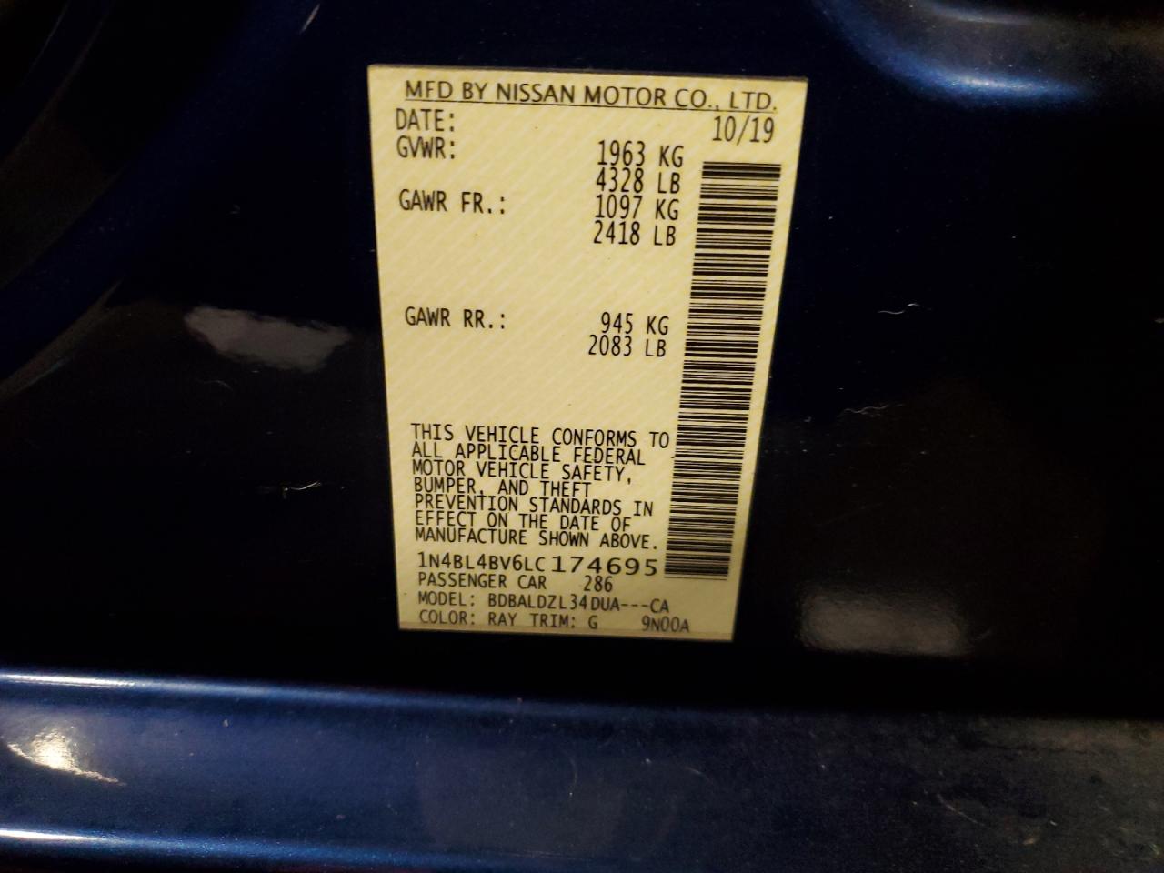2020 Nissan Altima S VIN: 1N4BL4BV6LC174695 Lot: 71505955