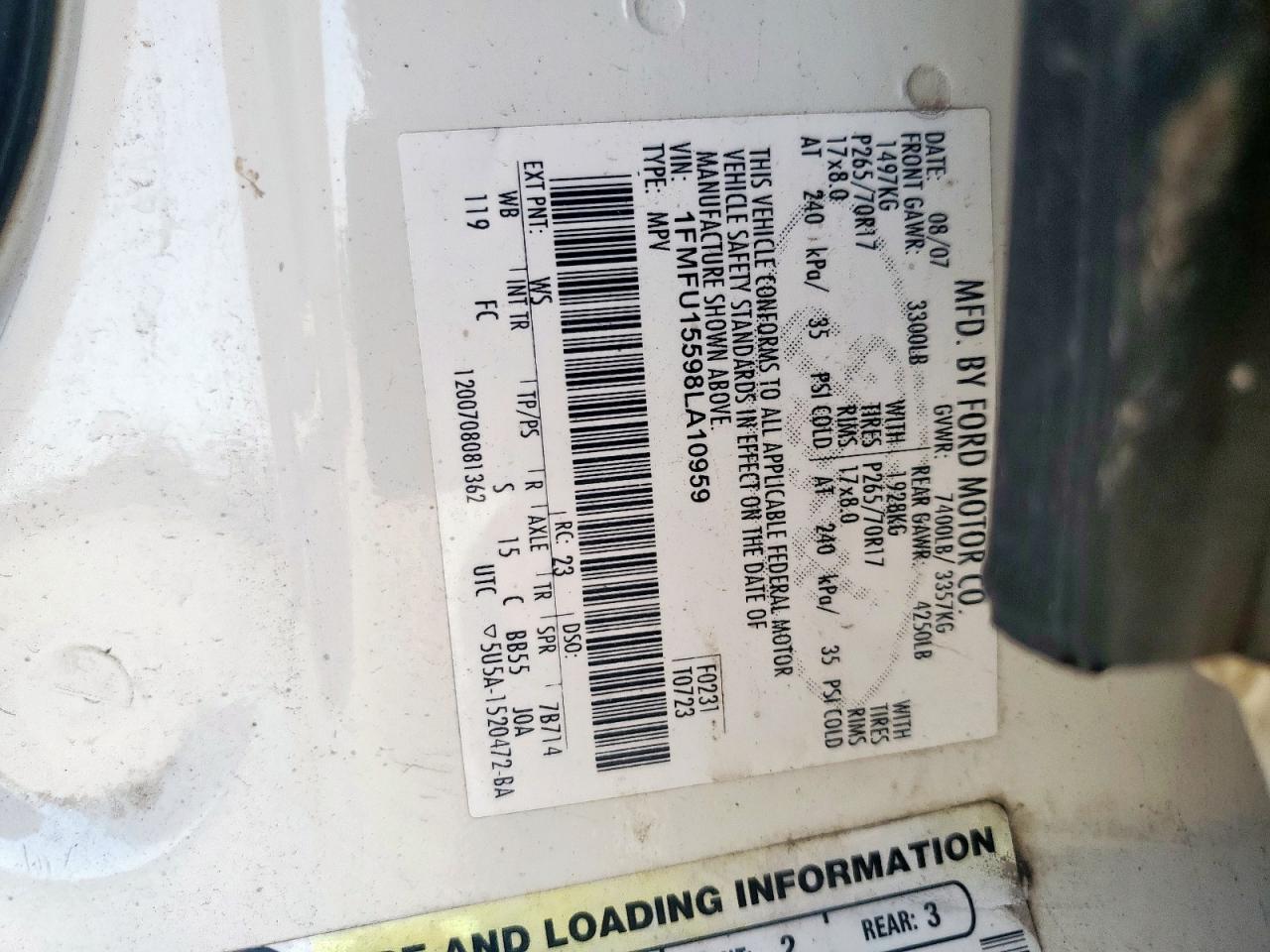 2008 Ford Expedition Xlt VIN: 1FMFU15598LA10959 Lot: 80758425