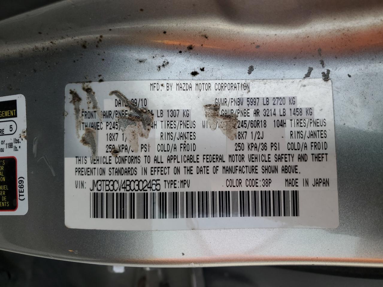 2011 Mazda Cx-9 VIN: JM3TB3CV4B0302465 Lot: 67984595