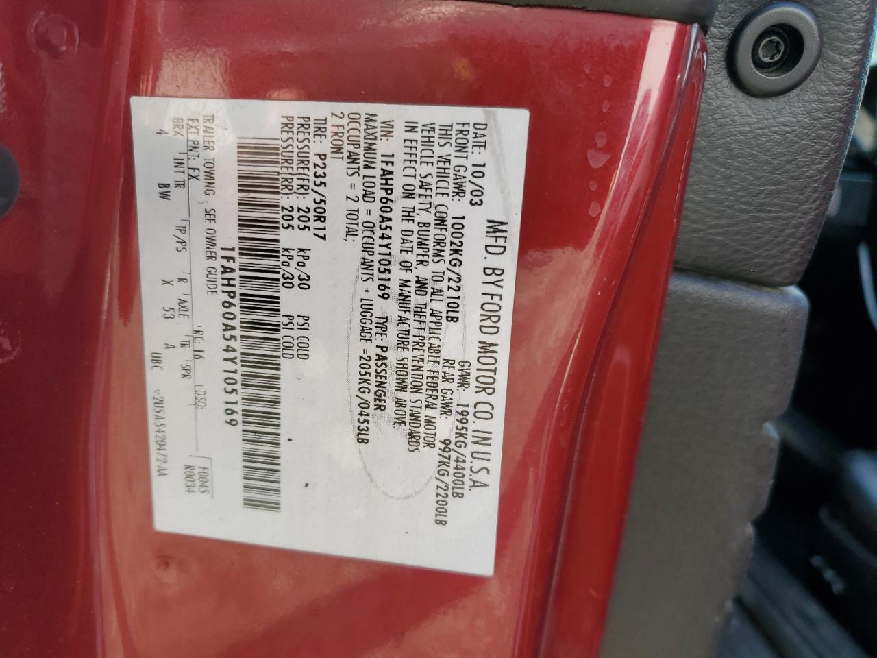 2004 Ford Thunderbird VIN: 1FAHP60A54Y105169 Lot: 80834995