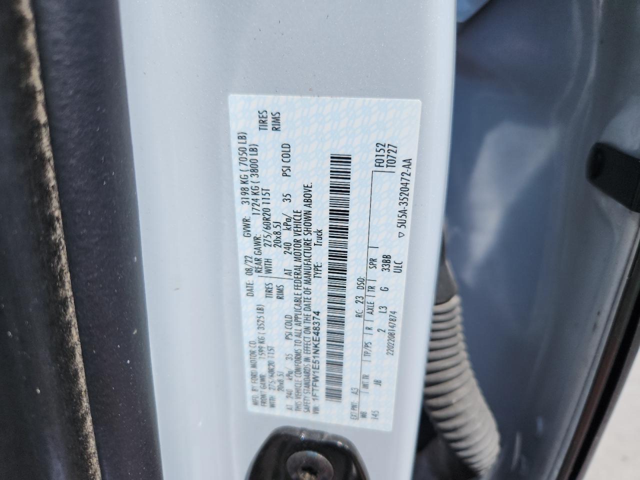 2022 Ford F150 Supercrew VIN: 1FTFW1E51NKE48374 Lot: 71991735