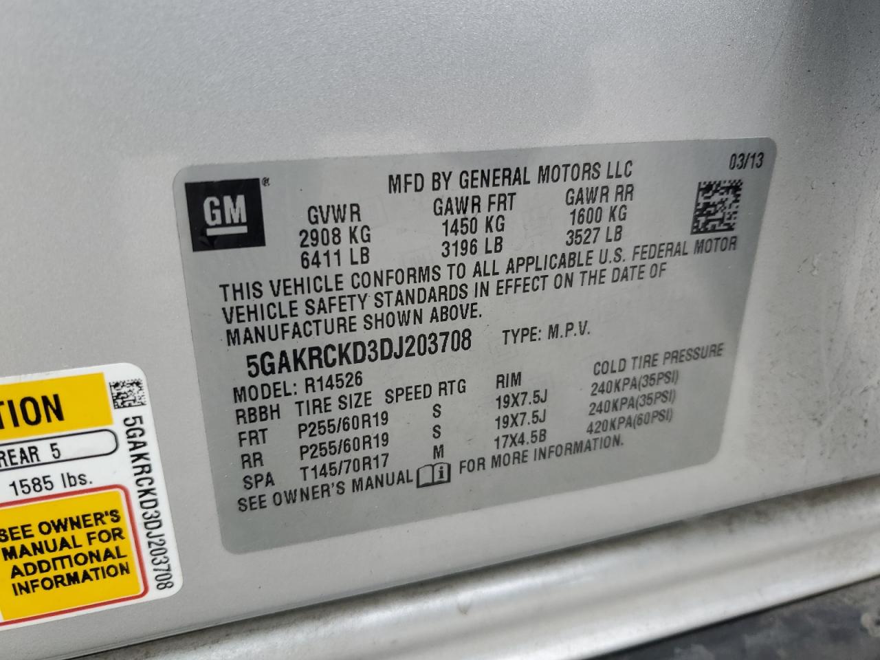 2013 Buick Enclave VIN: 5GAKRCKD3DJ203708 Lot: 82114665