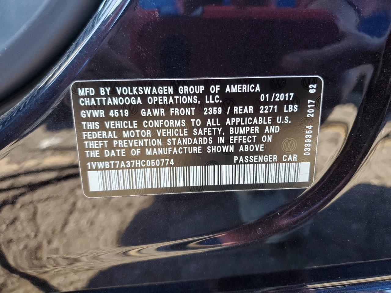 2017 Volkswagen Passat Se VIN: 1VWBT7A37HC050774 Lot: 84171485