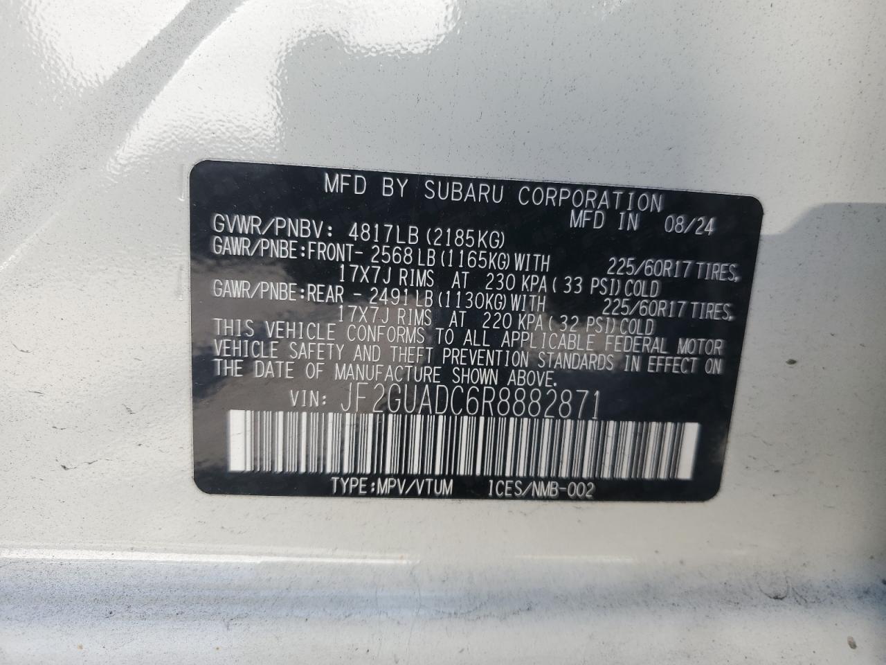 2024 Subaru Crosstrek Premium VIN: JF2GUADC6R8882871 Lot: 69783335