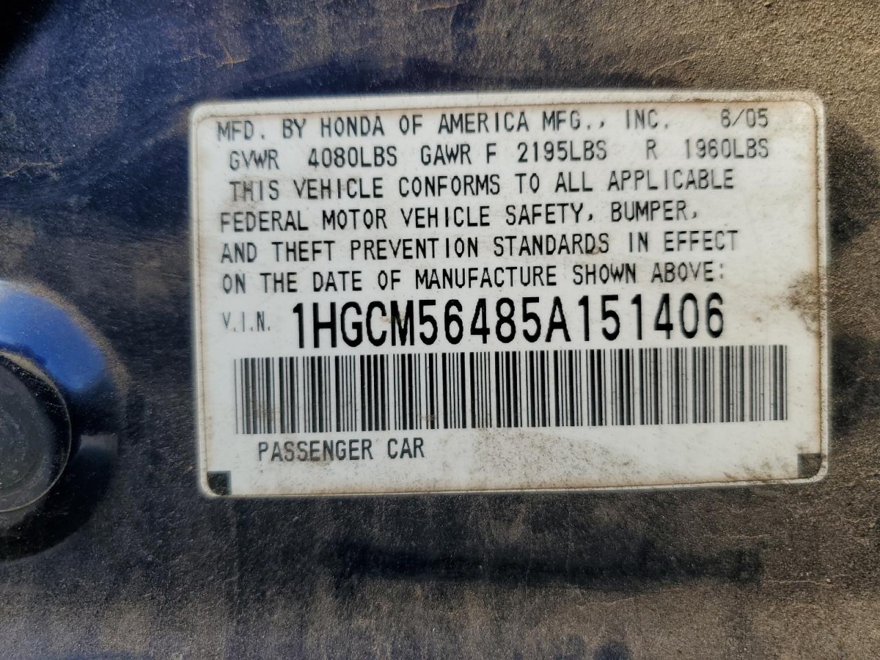 2005 Honda Accord Lx VIN: 1HGCM56485A151406 Lot: 71179595