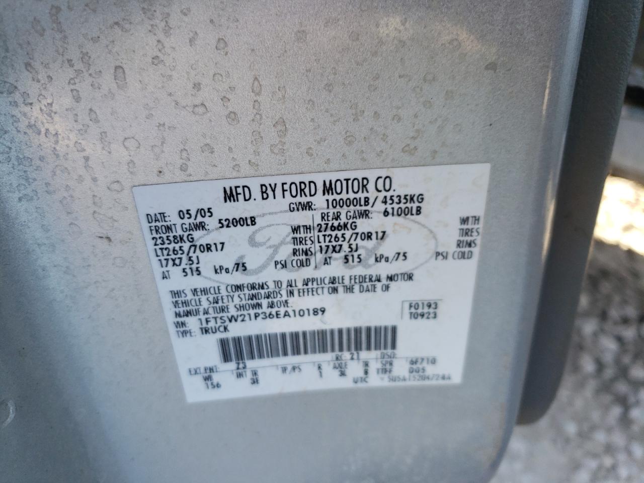 2006 Ford F250 Super Duty VIN: 1FTSW21P36EA10189 Lot: 83797505