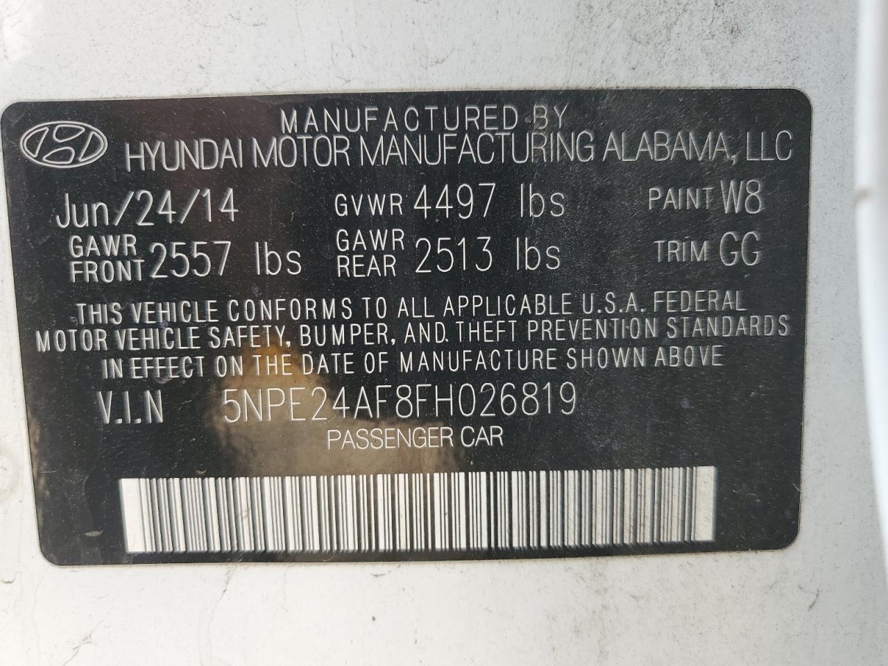 2015 Hyundai Sonata Se VIN: 5NPE24AF8FH026819 Lot: 71502715