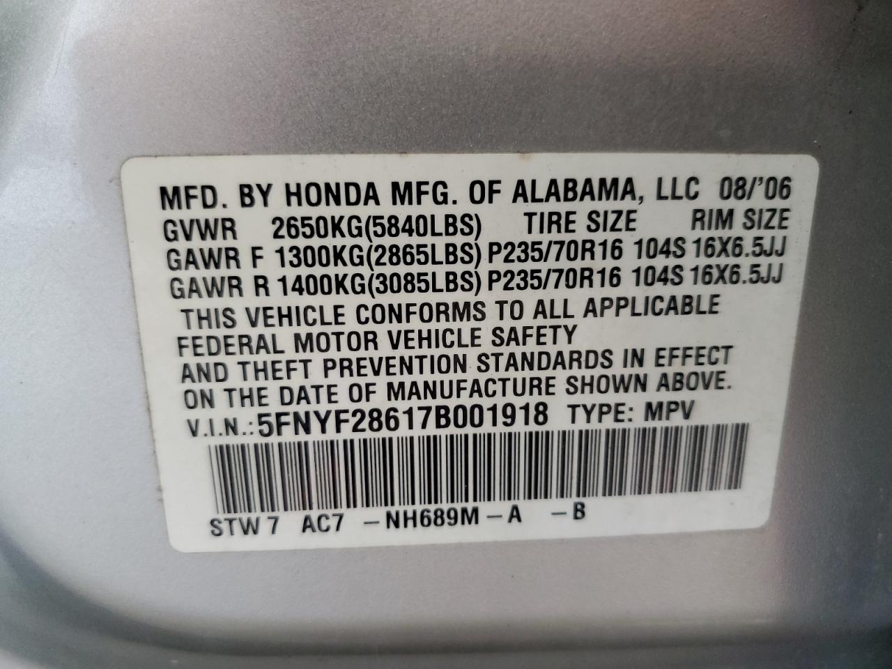 2007 Honda Pilot Exl VIN: 5FNYF28617B001918 Lot: 84760165