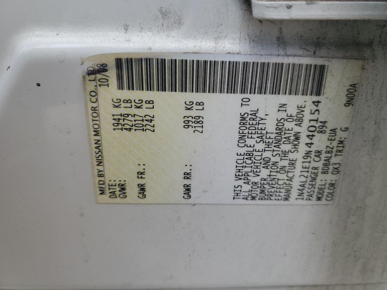 2009 Nissan Altima 2.5 VIN: 1N4AL21E19N440154 Lot: 84246605