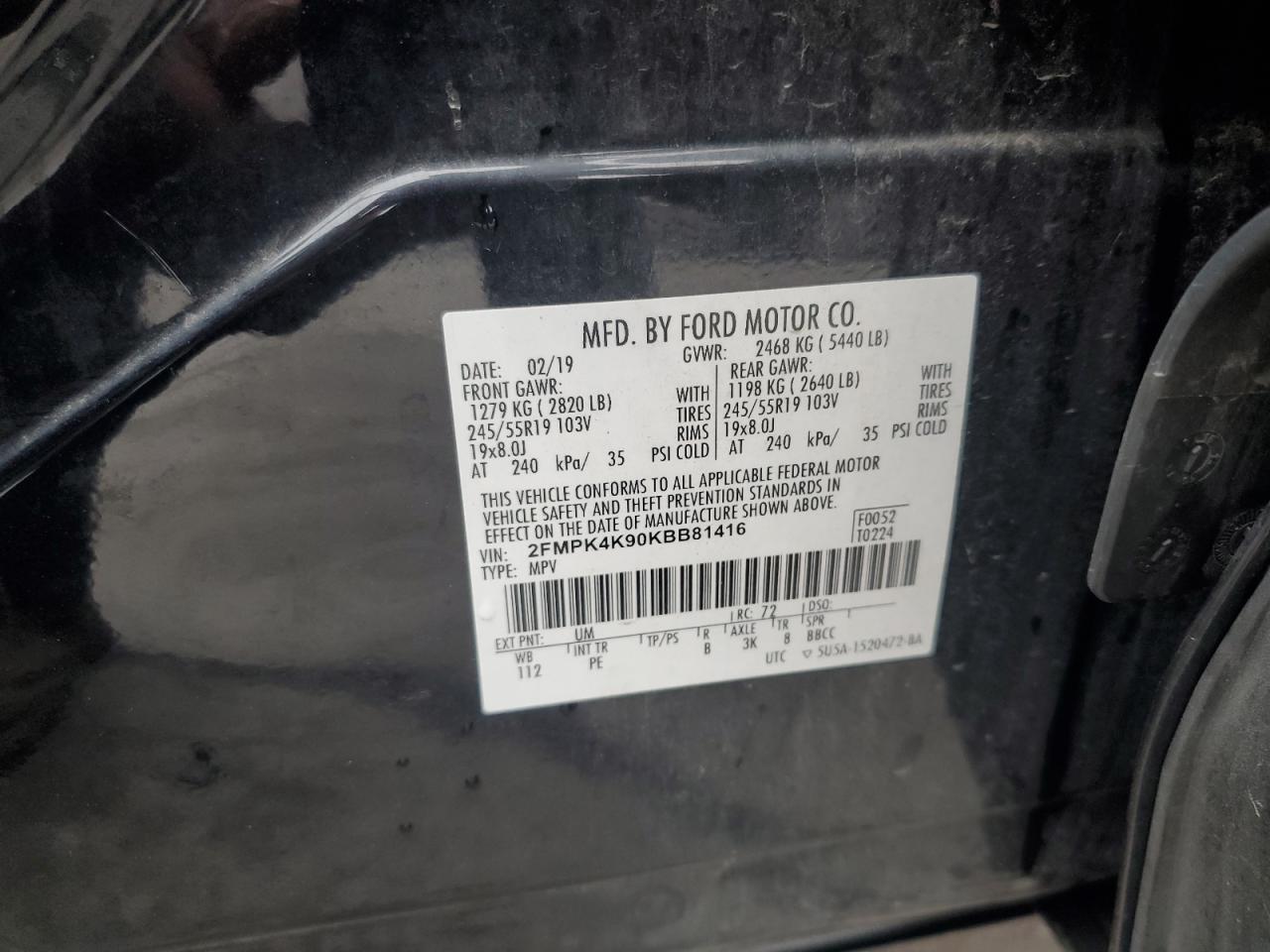 2019 Ford Edge Titanium VIN: 2FMPK4K90KBB81416 Lot: 81381825