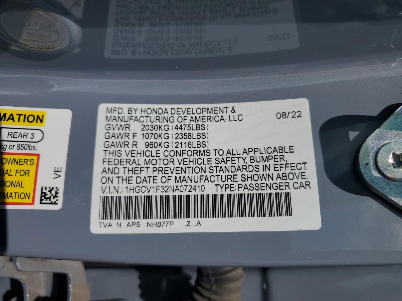 2022 Honda Accord Sport VIN: 1HGCV1F32NA072410 Lot: 82107605