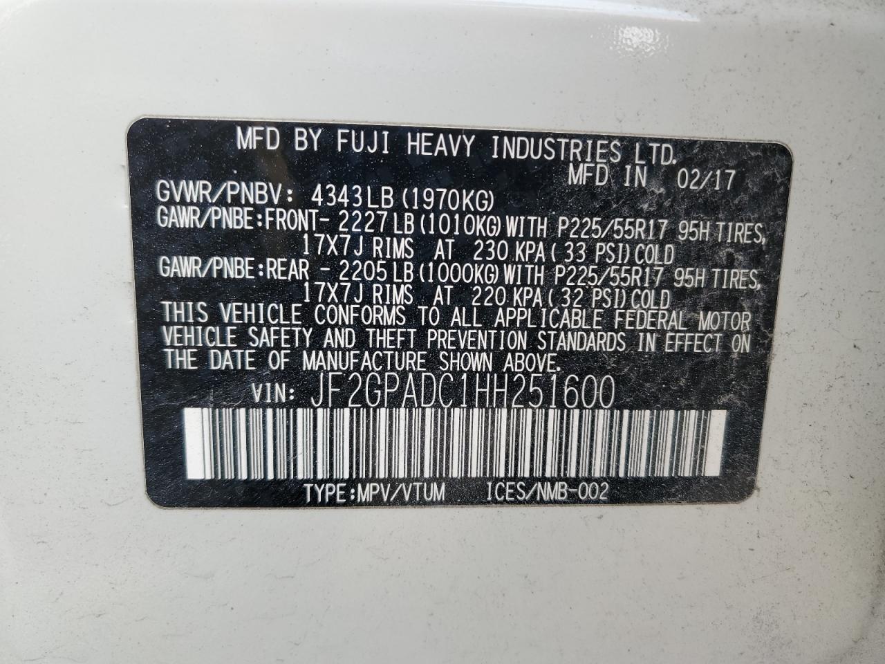 2017 Subaru Crosstrek Premium VIN: JF2GPADC1HH251600 Lot: 65616955