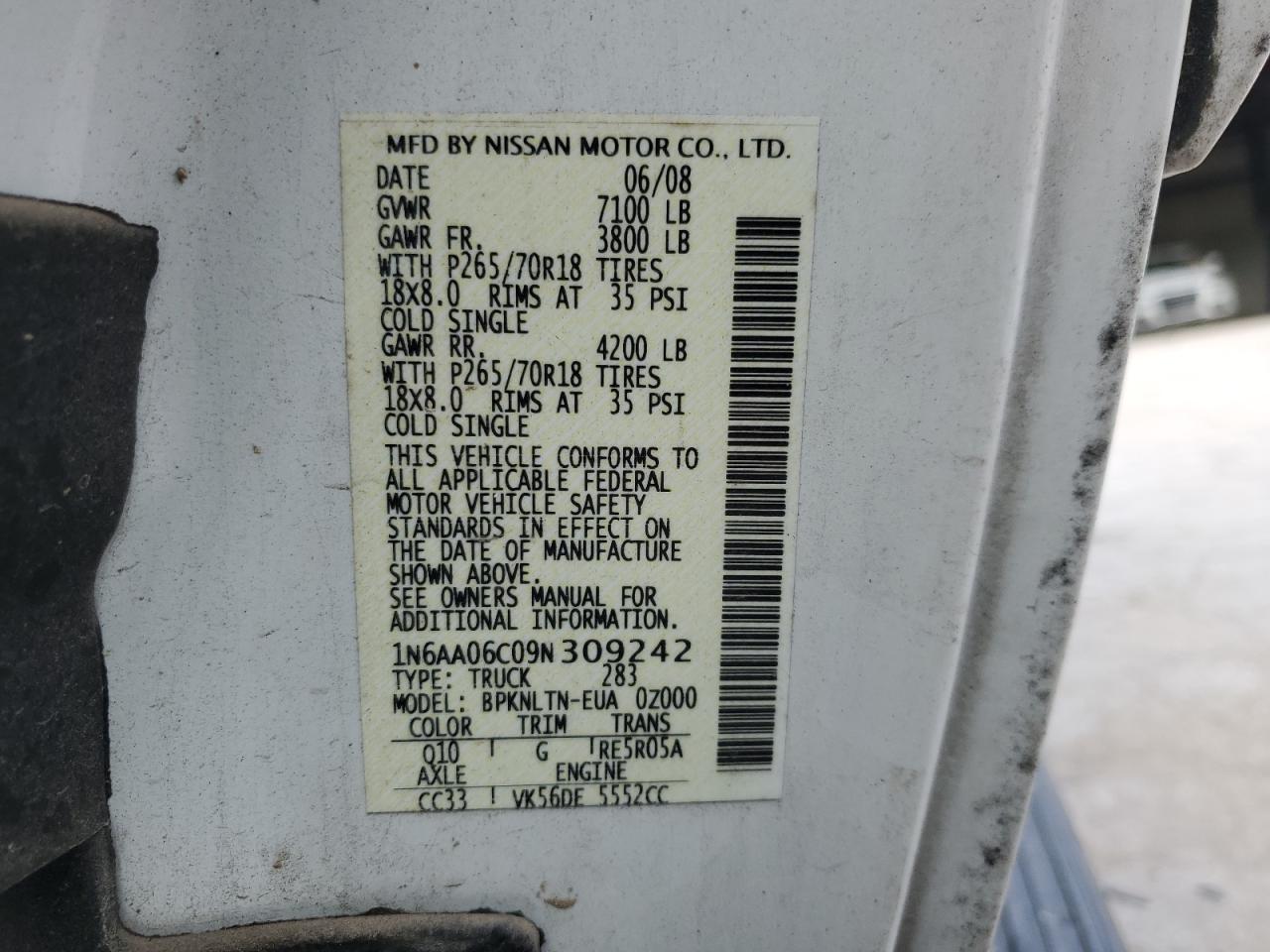 2009 Nissan Titan Xe VIN: 1N6AA06C09N309242 Lot: 80404505