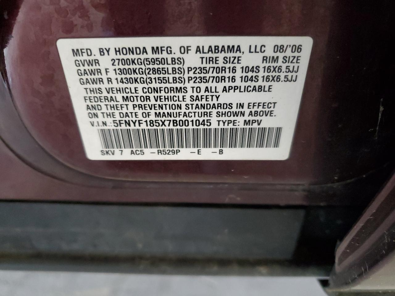 2007 Honda Pilot Exl VIN: 5FNYF185X7B001045 Lot: 91886635