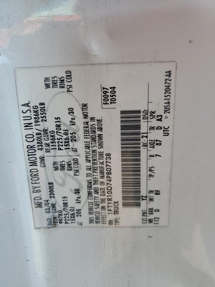 2004 Ford Ranger VIN: 1FTYR10D74PB07738 Lot: 84451785