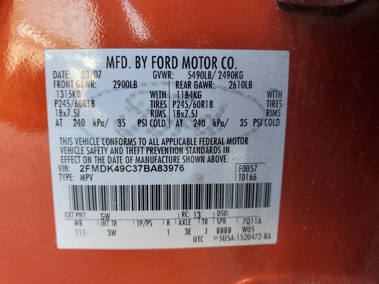 2007 Ford Edge Sel Plus VIN: 2FMDK49C37BA83976 Lot: 80911885