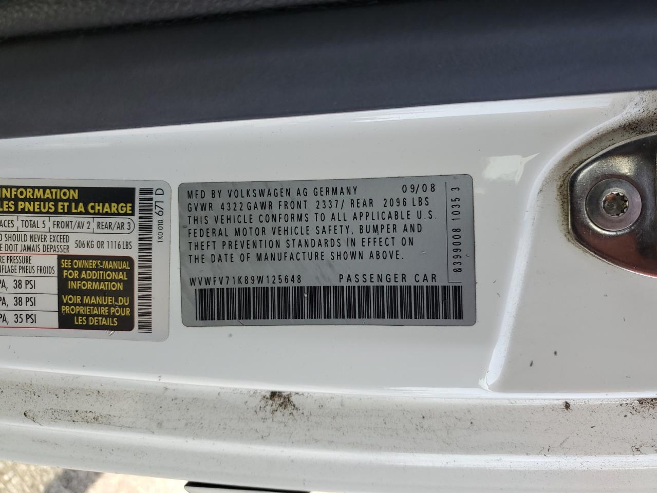 2009 Volkswagen Gti VIN: WVWFV71K89W125648 Lot: 82149815