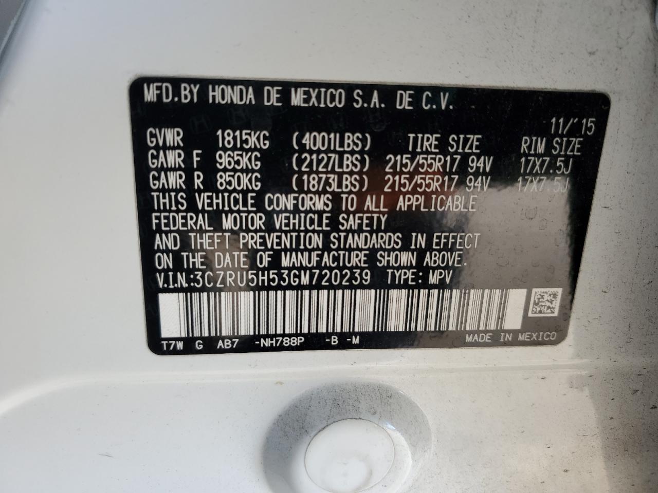 2016 Honda Hr-V Ex VIN: 3CZRU5H53GM720239 Lot: 81764495