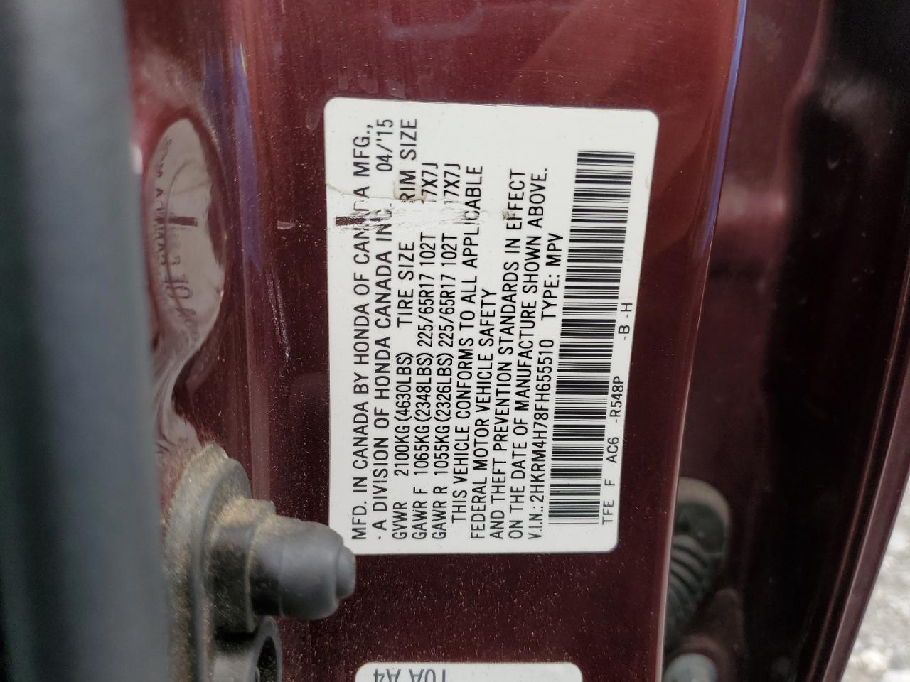 2015 Honda Cr-V Exl VIN: 2HKRM4H78FH655510 Lot: 81852845