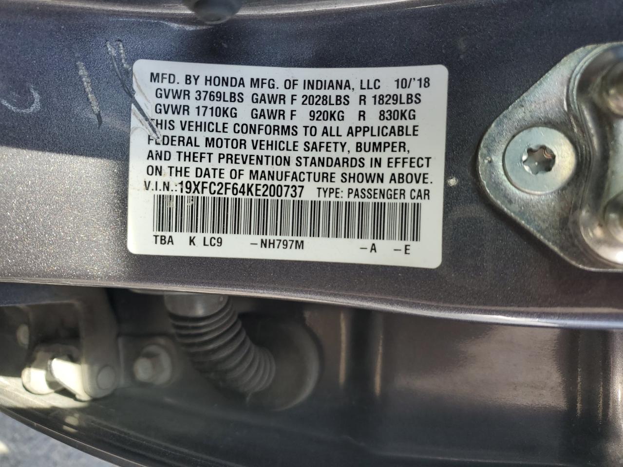 2019 Honda Civic Lx VIN: 19XFC2F64KE200737 Lot: 81130665