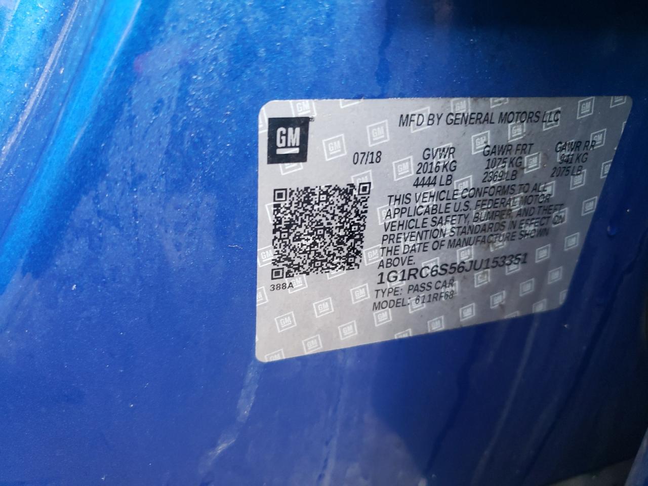 2018 Chevrolet Volt Lt VIN: 1G1RC6S56JU153351 Lot: 83847745