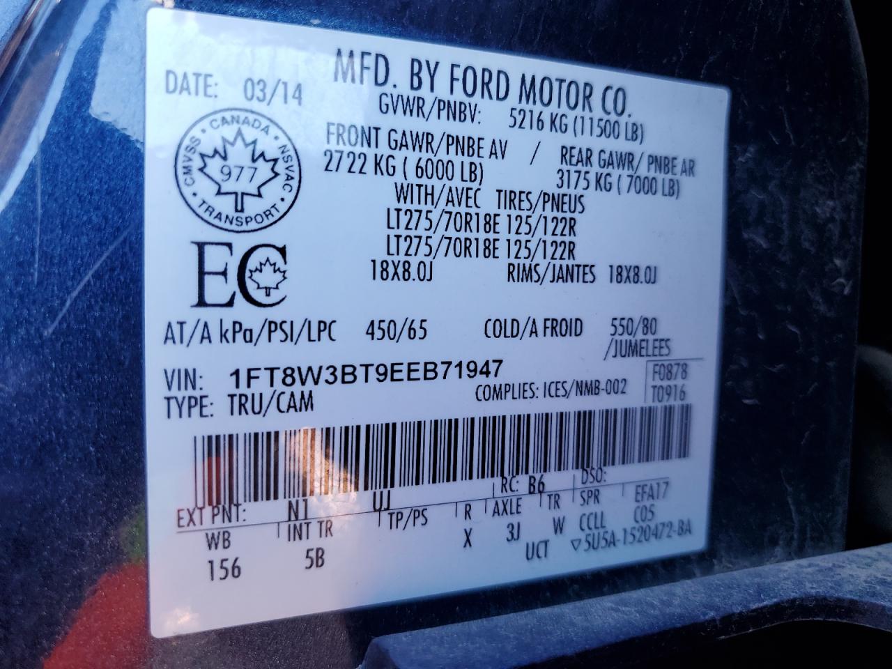2014 Ford F350 Super Duty VIN: 1FT8W3BT9EEB71947 Lot: 81066015