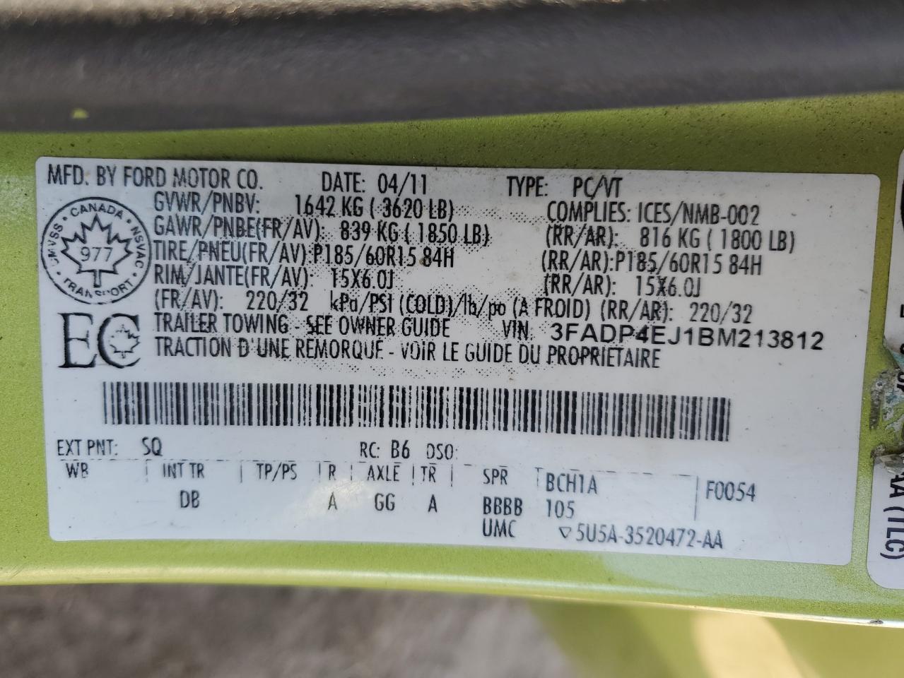 2011 Ford Fiesta Se VIN: 3FADP4EJ1BM213812 Lot: 84279585