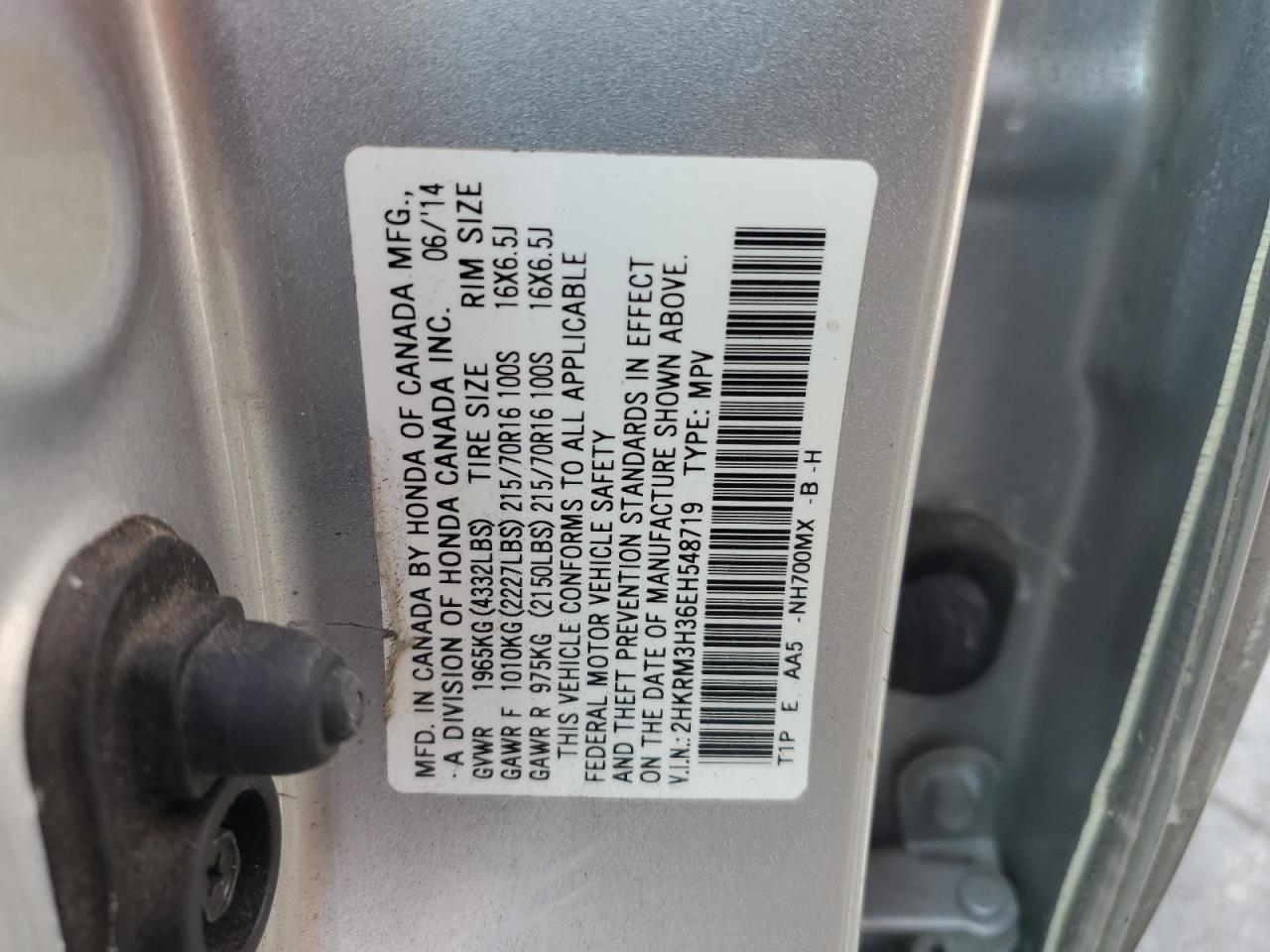 2014 Honda Cr-V Lx VIN: 2HKRM3H36EH548719 Lot: 71690405