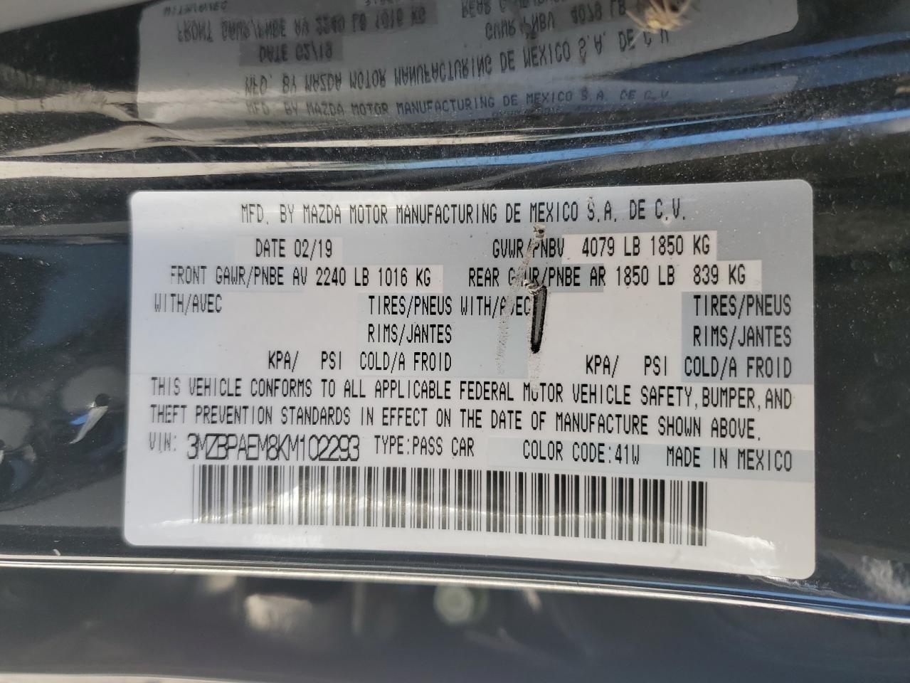 2019 Mazda 3 Premium VIN: 3MZBPAEM8KM102293 Lot: 71164305