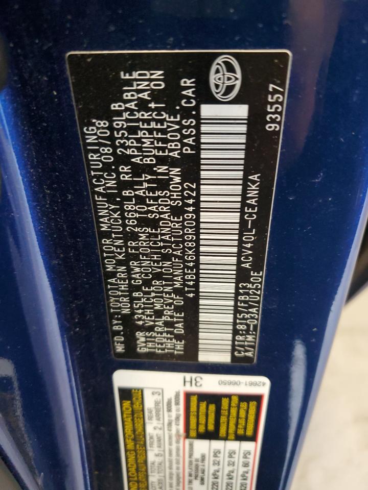 2009 Toyota Camry Base VIN: 4T4BE46K89R094422 Lot: 80630765