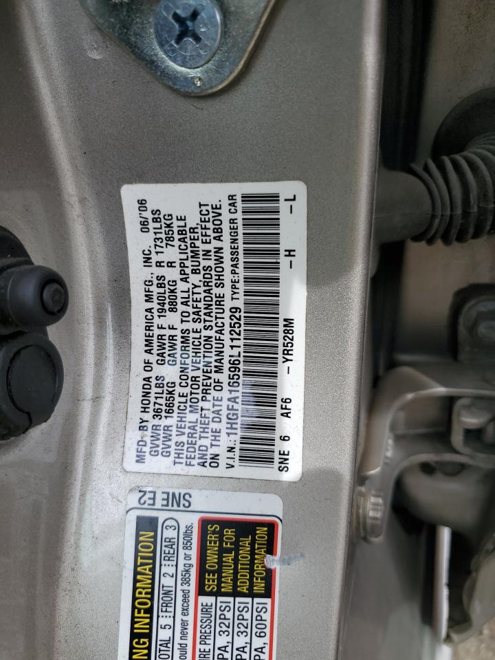 2006 Honda Civic Lx VIN: 1HGFA16596L112529 Lot: 84702425