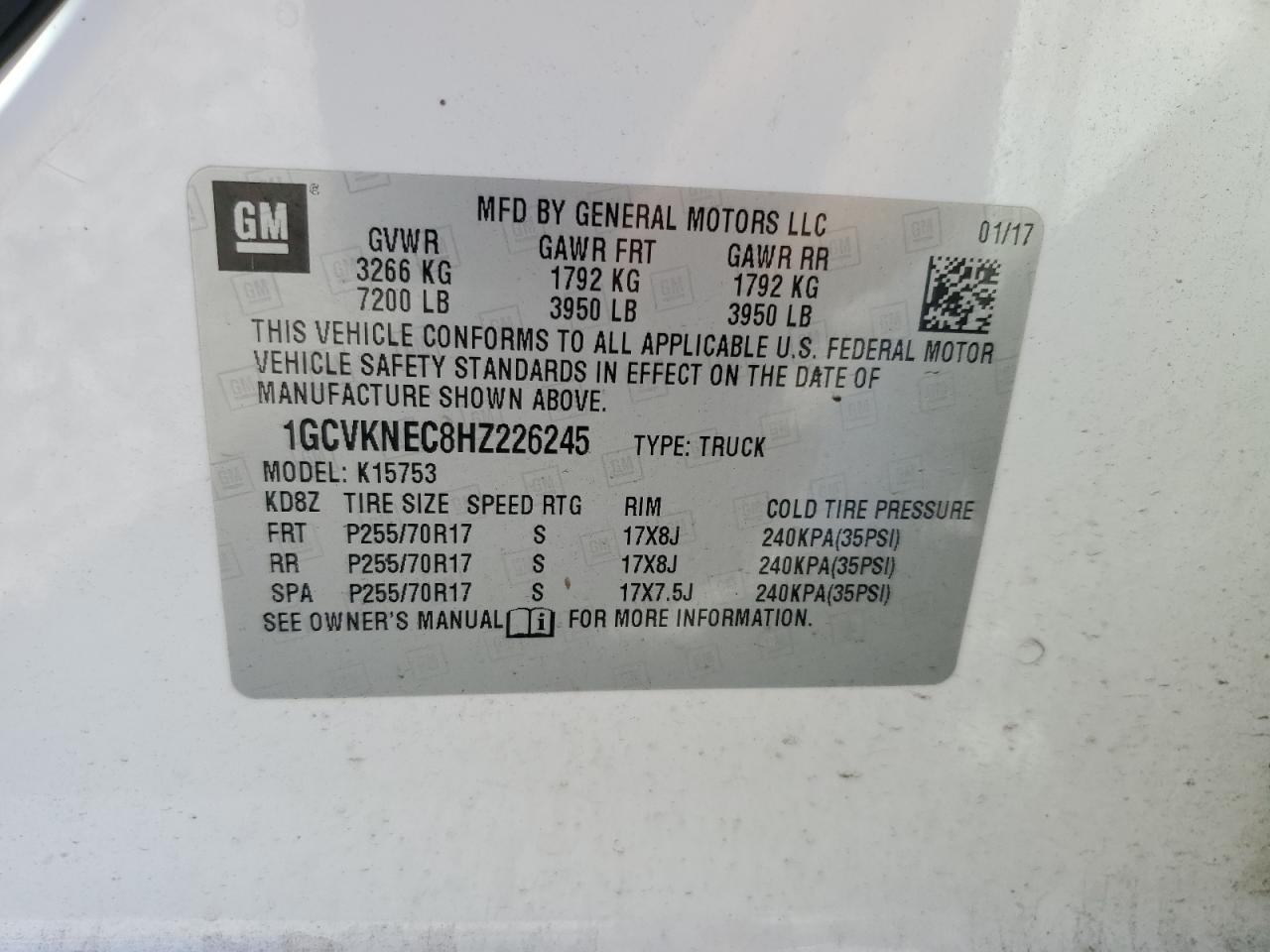 2017 Chevrolet Silverado K1500 VIN: 1GCVKNEC8HZ226245 Lot: 82030965