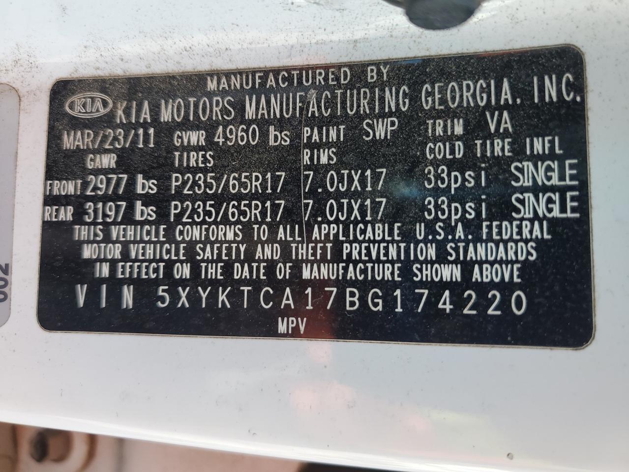 2011 Kia Sorento Base VIN: 5XYKTCA17BG174220 Lot: 72079905