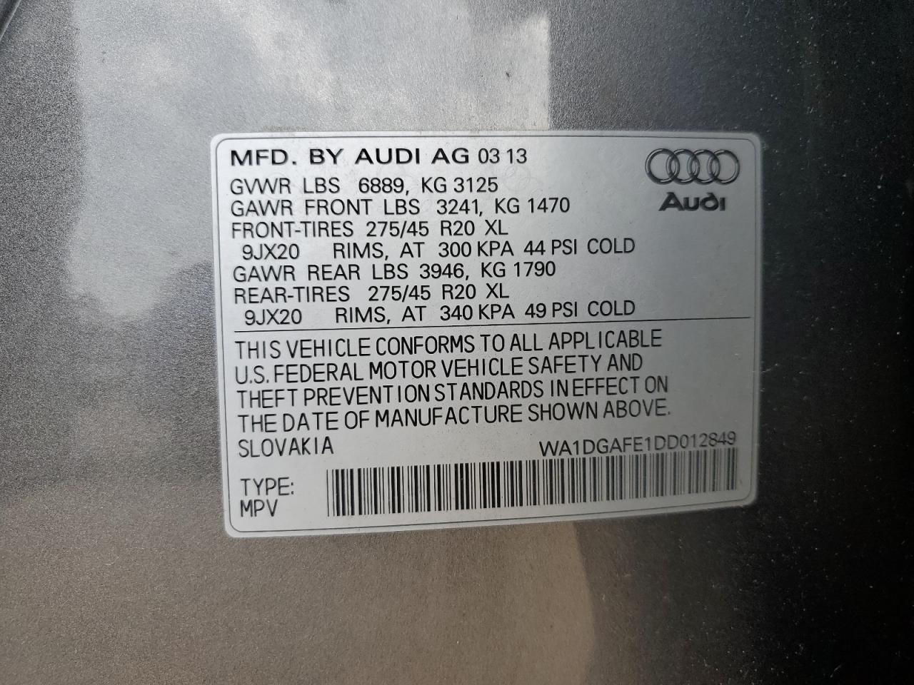 2013 Audi Q7 Prestige VIN: WA1DGAFE1DD012849 Lot: 82045735