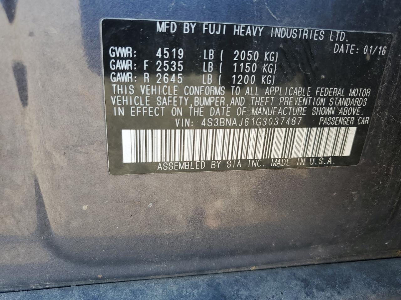 2016 Subaru Legacy 2.5I Limited VIN: 4S3BNAJ61G3037487 Lot: 71698725